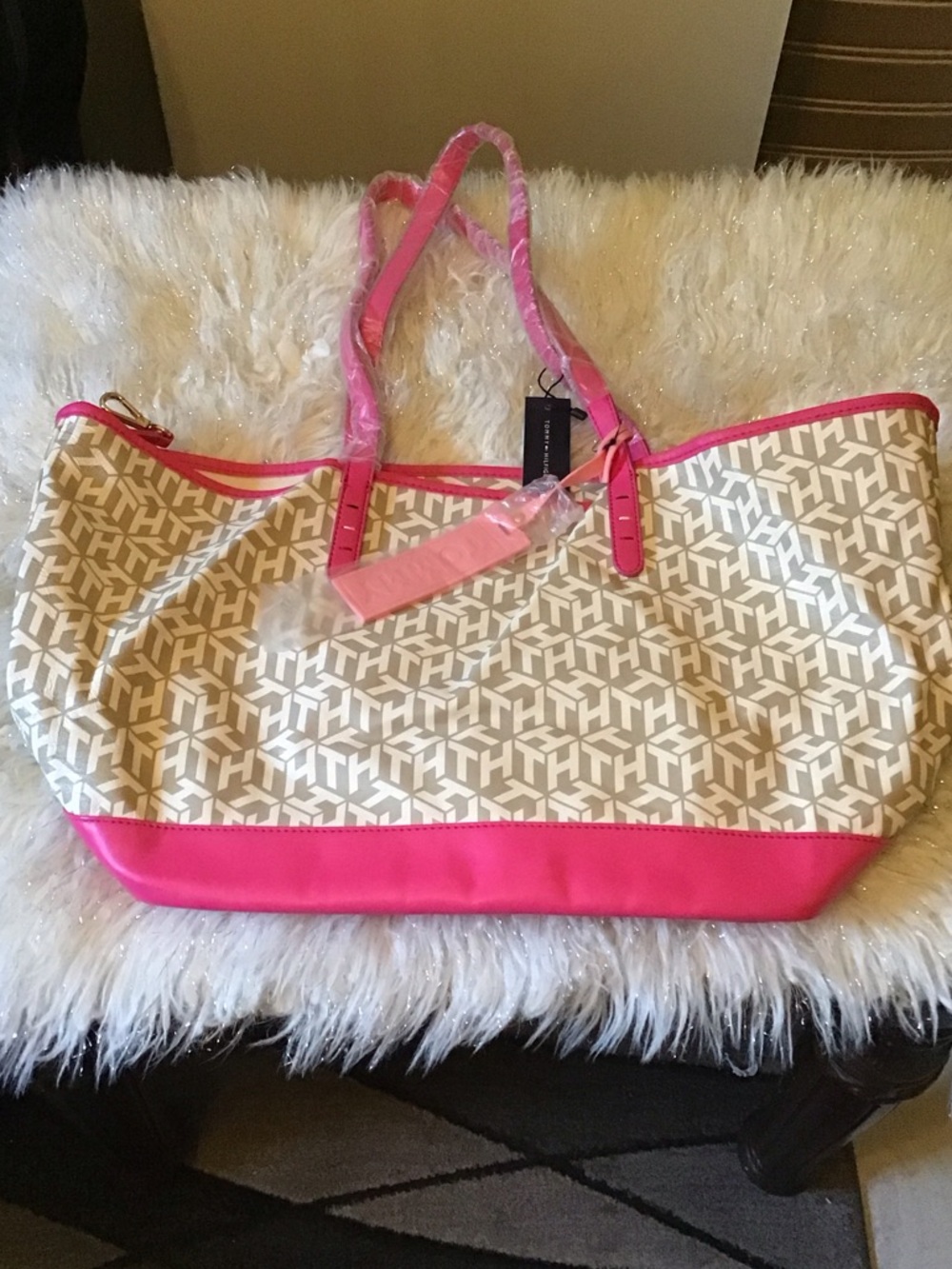 Tommy Hilfiger Beige Canvas Tote with Hot Pink Trim